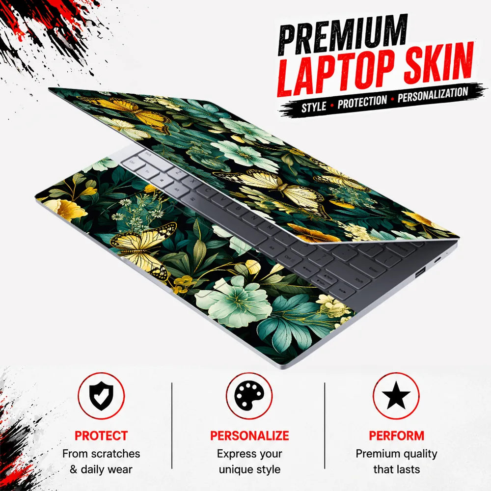 Yellow Butterflies Floral Dark Laptop Skin - View 3