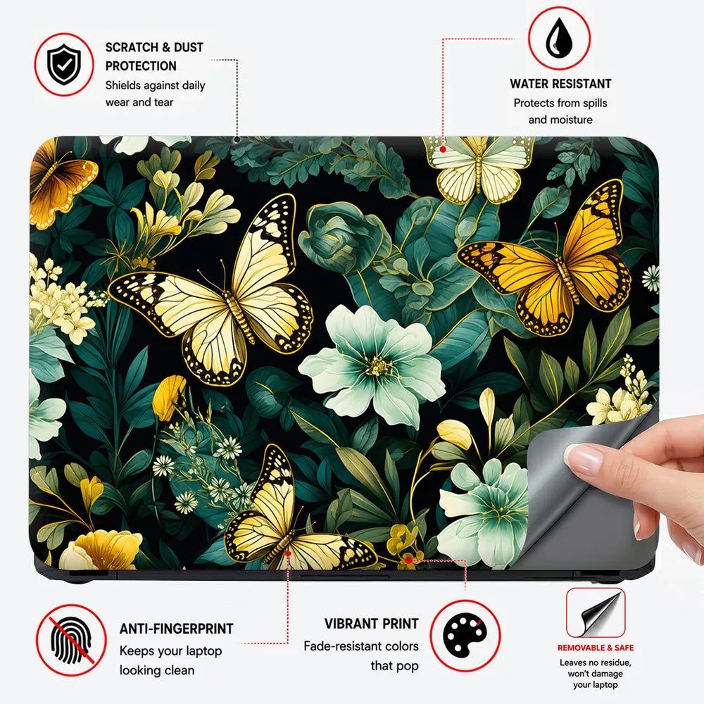 Yellow Butterflies Floral Dark Laptop Skin - View 4
