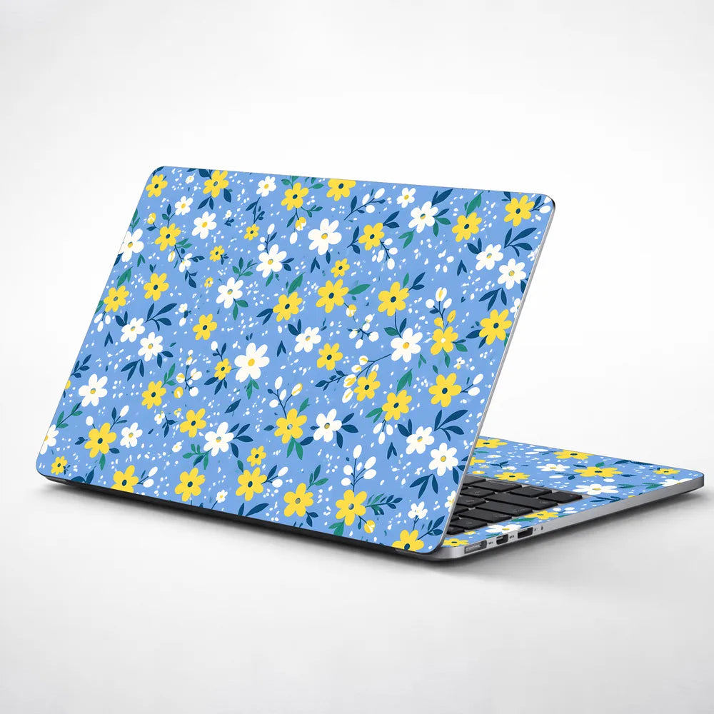 Yellow White Daisies Blue Laptop Skin - View 1
