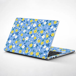 Yellow White Daisies Blue Laptop Skin - View 1