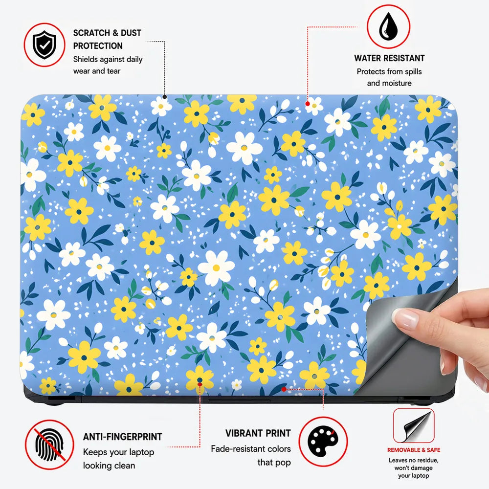 Yellow White Daisies Blue Laptop Skin - View 4