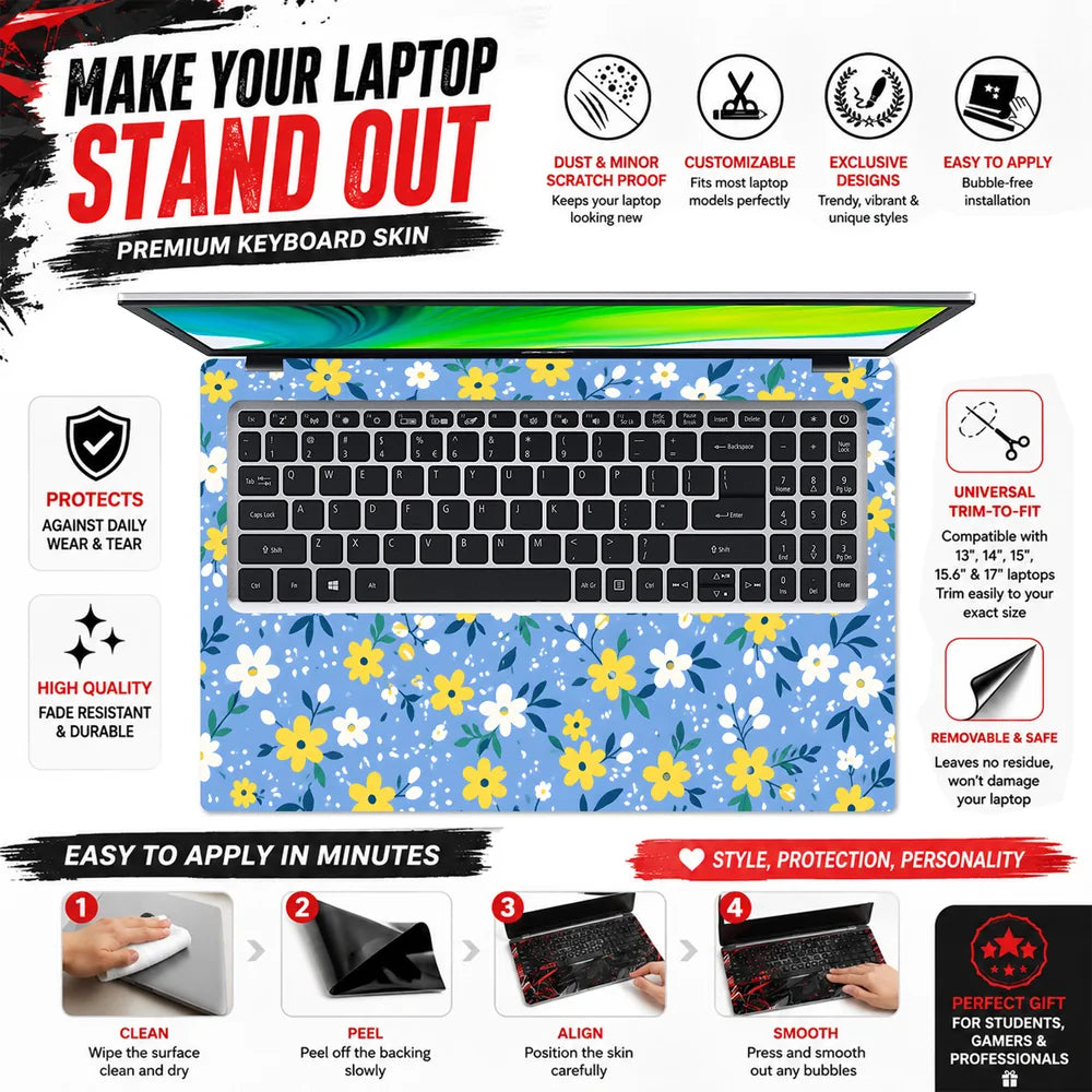 Yellow White Daisies Blue Laptop Skin - View 5