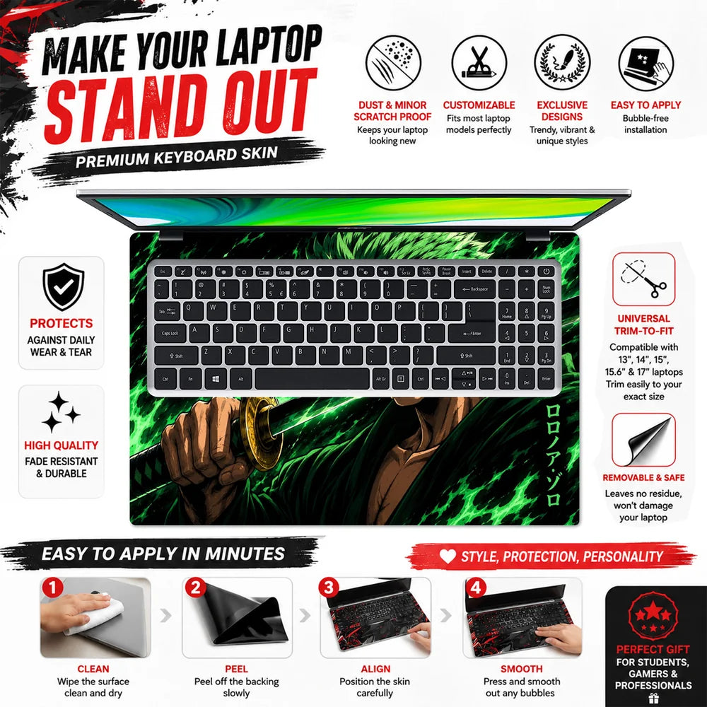 Zoro Green Flame Katana Laptop Skin - View 5